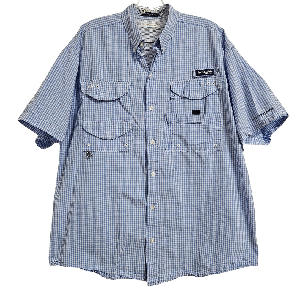 Columbia Fishing Shirt Mens M Blue Gingham Super Bonehead PFG Omni Short‎ Sleeve